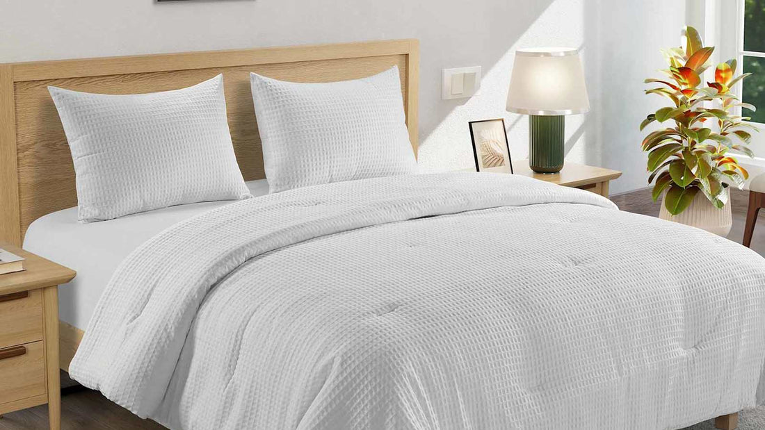 Washed cotton waffle bedding in morning light