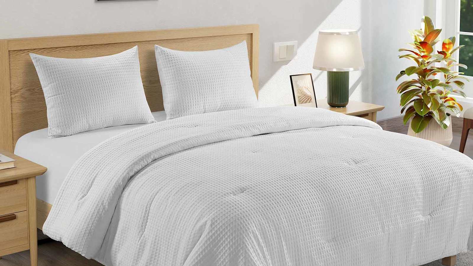 Washed cotton waffle bedding in morning light