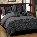 7-Piece Grey Deluxe Flocked Lace Premium Comforter Set, King