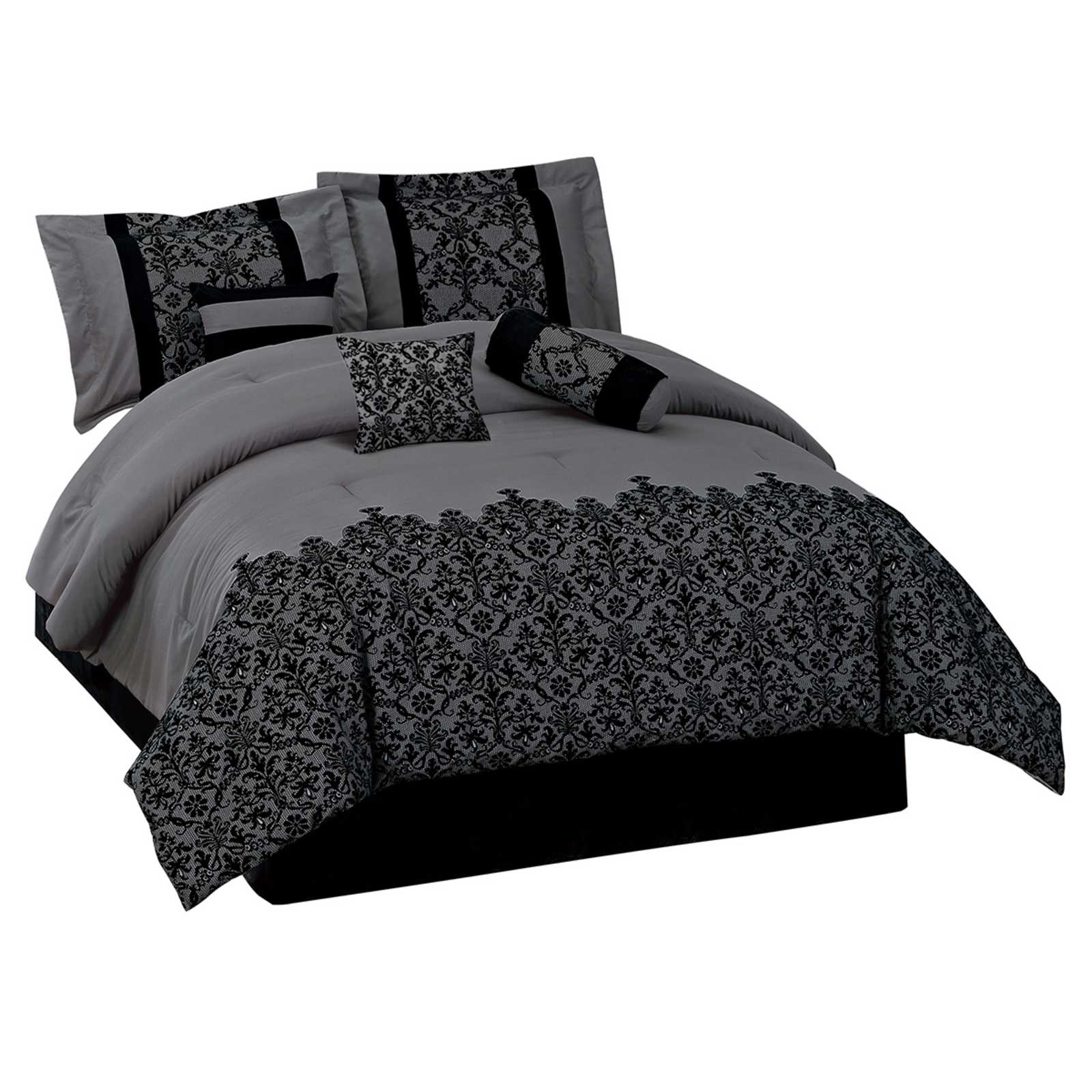 7-Piece Grey Deluxe Flocked Lace Premium Comforter Set, King