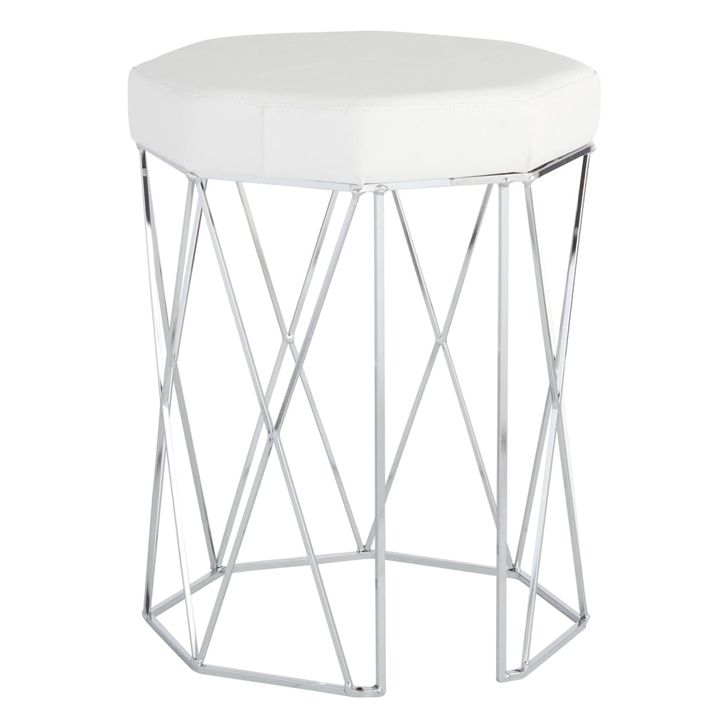 Prisma Chrome Wire Vanity Stool & Padded White Faux Leather Seat