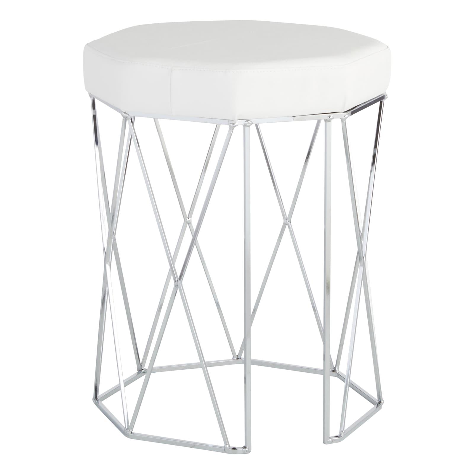 Prisma Chrome Wire Vanity Stool & Padded White Faux Leather Seat