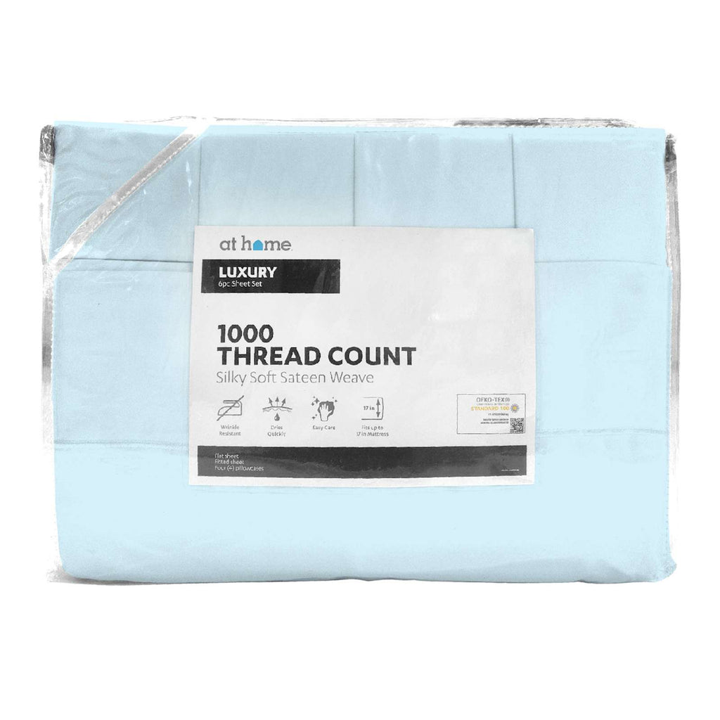 6-Piece Baby Blue 1000 Thread Count Luxury Sateen Sheet Set, Queen