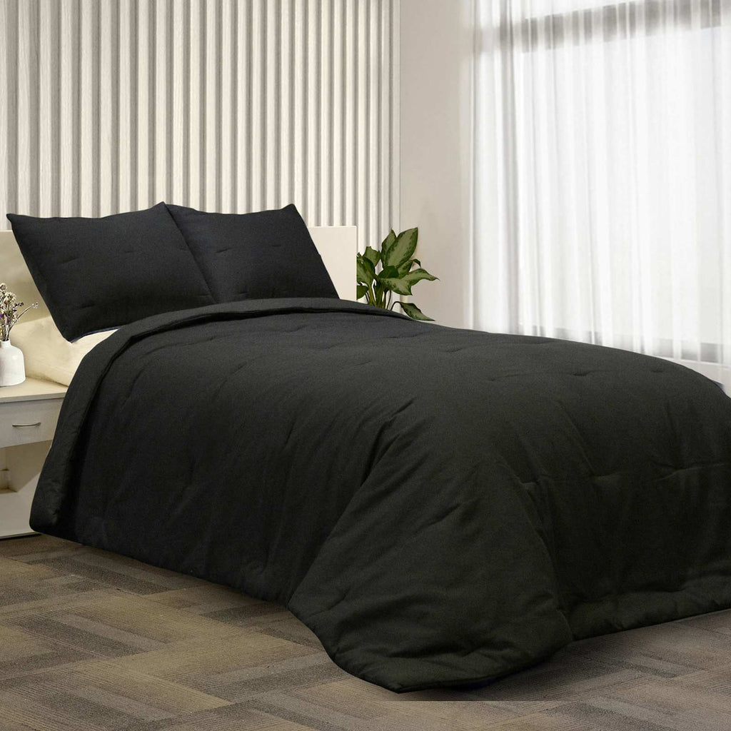 3-Piece Black Cotton Textured Comforter Set, Full/Queen