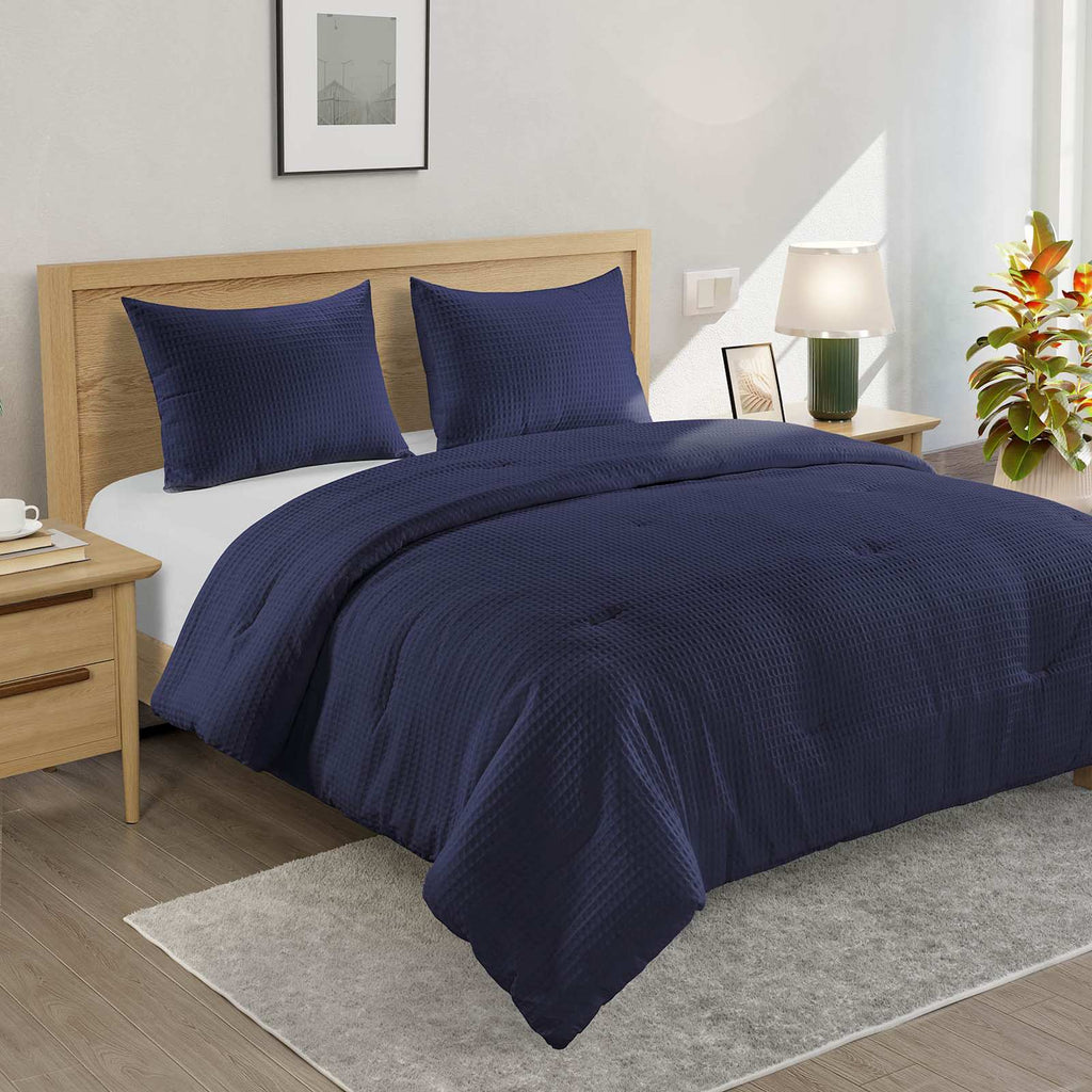 3-Piece Navy Blue Washed Cotton Waffle Comforter Set, Full/Queen