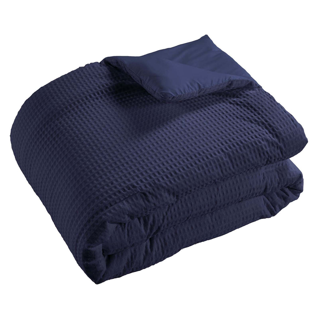 3-Piece Navy Blue Washed Cotton Waffle Comforter Set, Full/Queen
