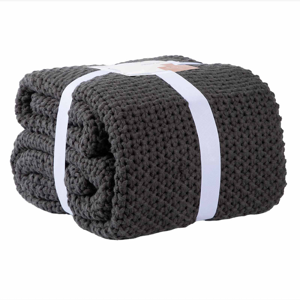 Dark Grey Sweater Knit Bed Blanket