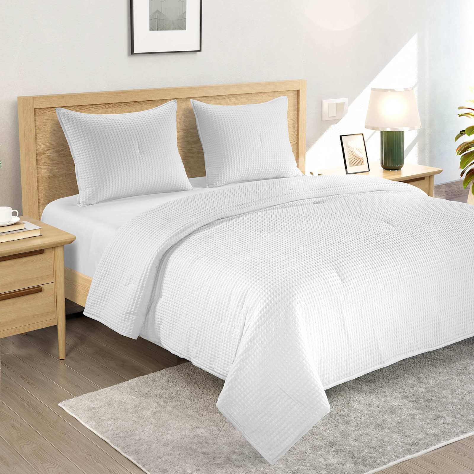 3-Piece White Cotton Waffle Quilt Set, King