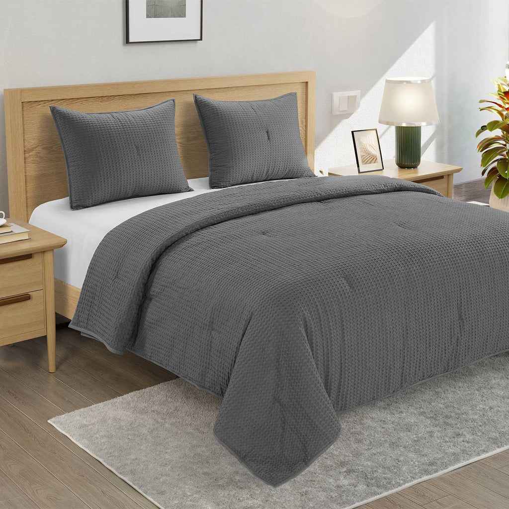 3-Piece Grey Washed Waffle Cotton Quilt Set, King