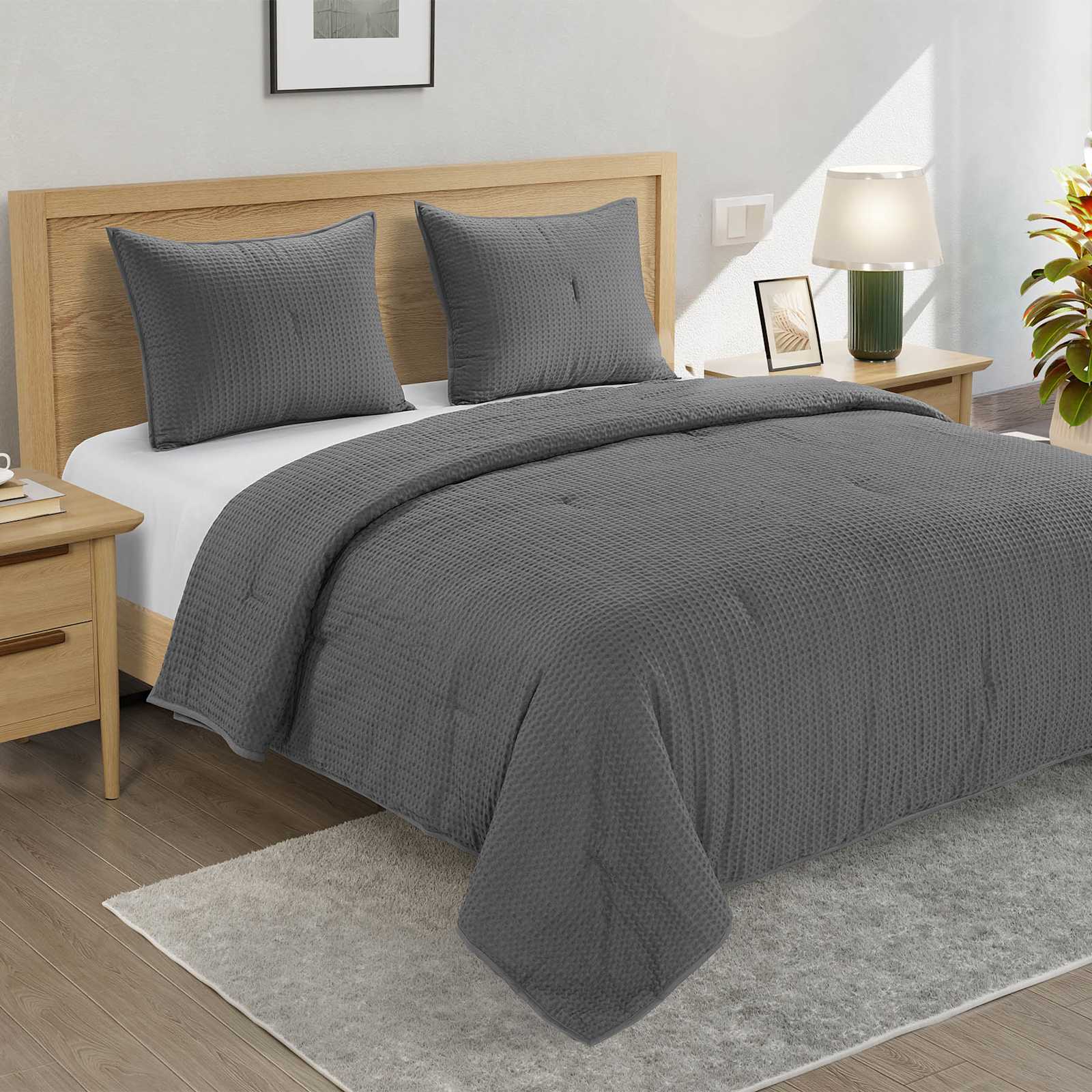 3-Piece Grey Washed Waffle Cotton Quilt Set, King