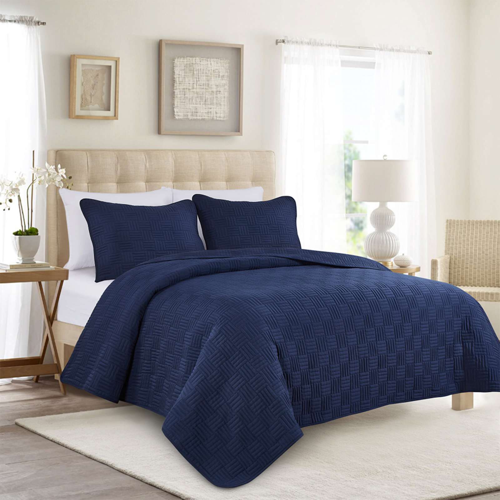 3-Piece Navy Blue Washed Microfiber Quilt Set, Full/Queen