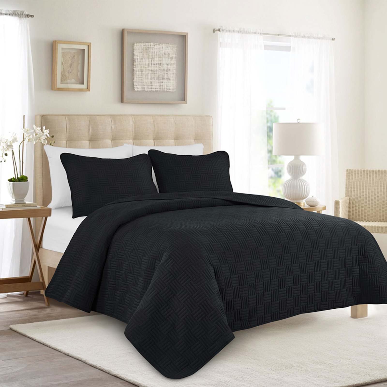 3-Piece Black Washed Microfiber Quilt Set, Full/Queen