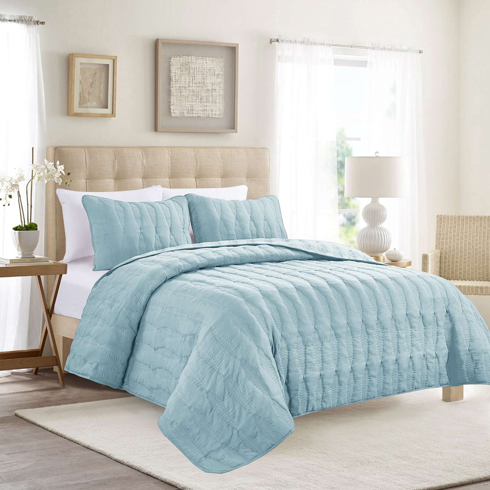 3-Piece Light Blue Embroidered Washed Microfiber Quilt Set, King