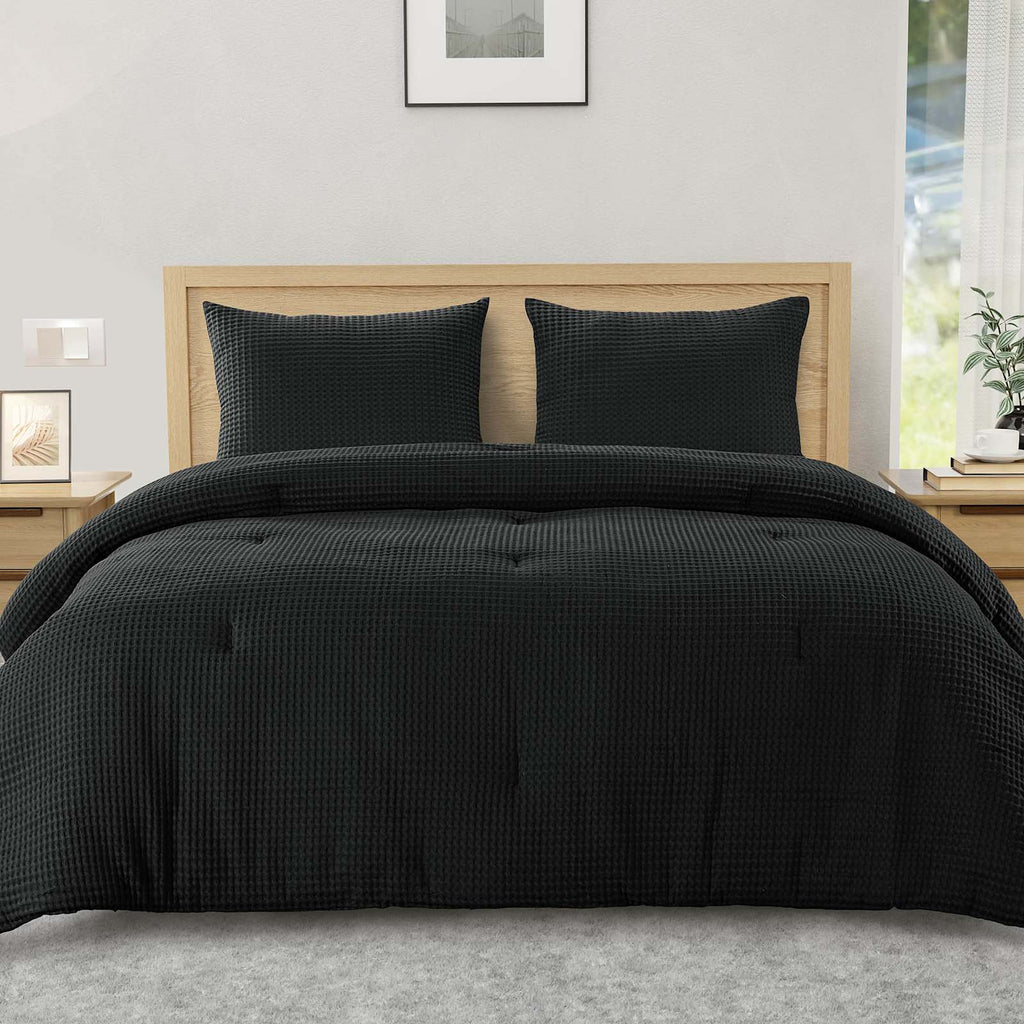 3-Piece Black Waffle Cotton Comforter Set