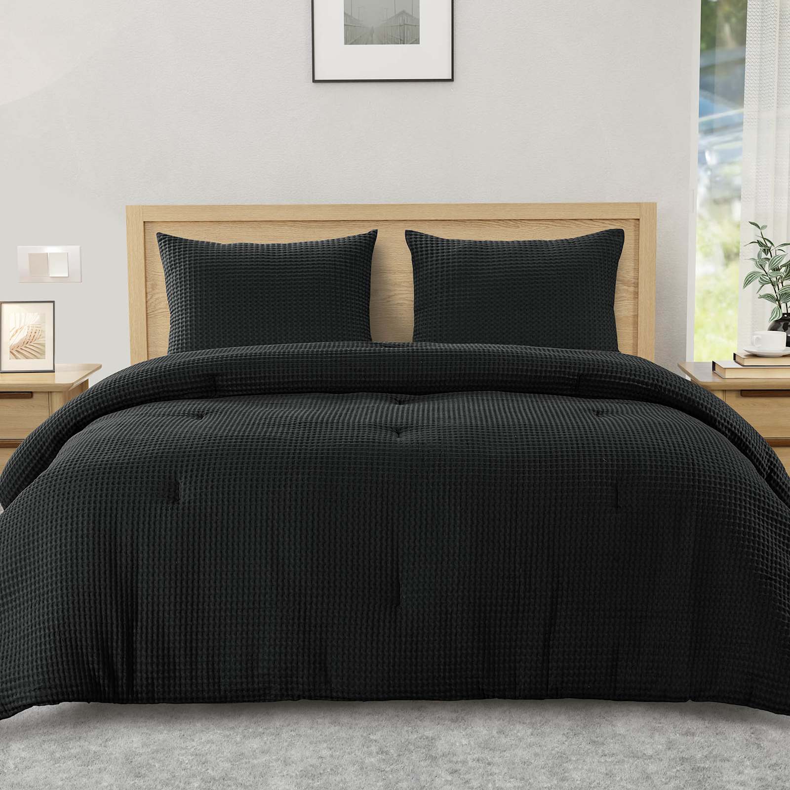 3-Piece Black Waffle Cotton Comforter Set