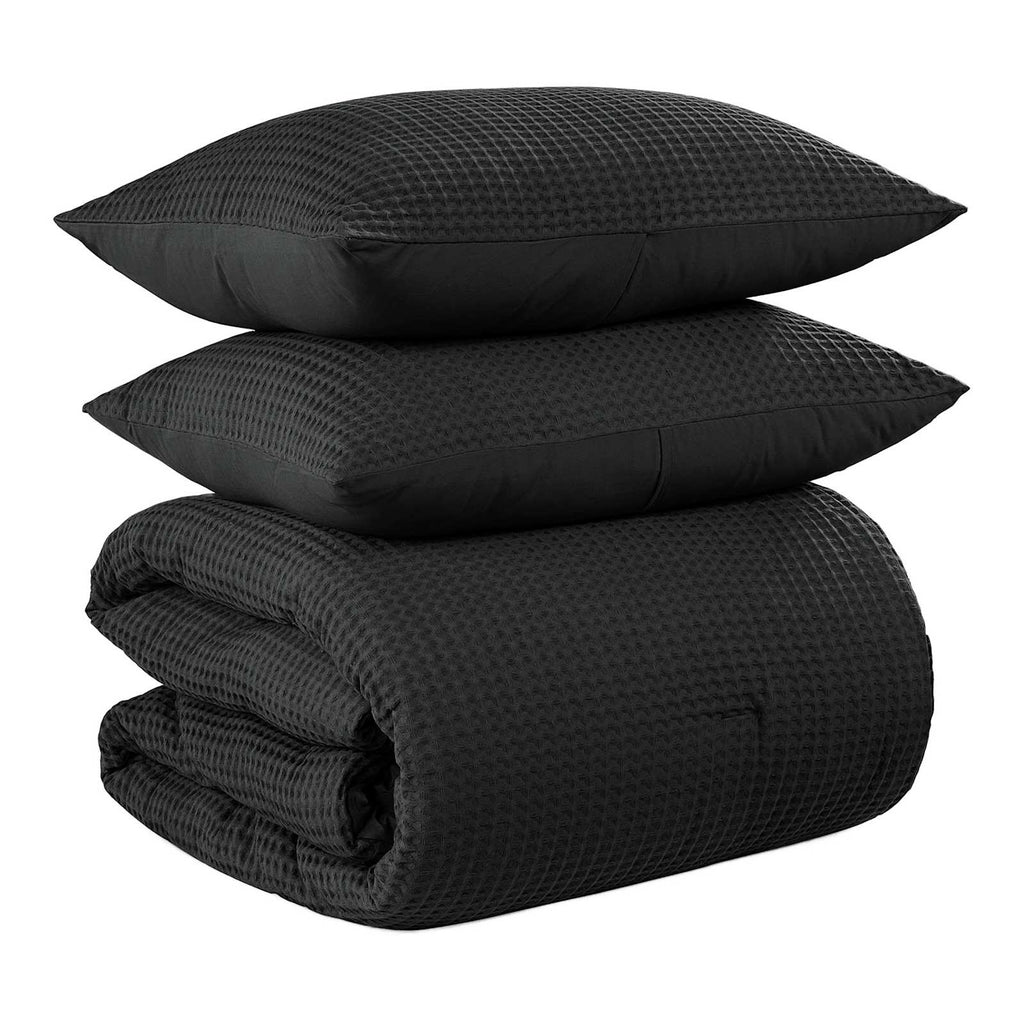 3-Piece Black Waffle Cotton Comforter Set