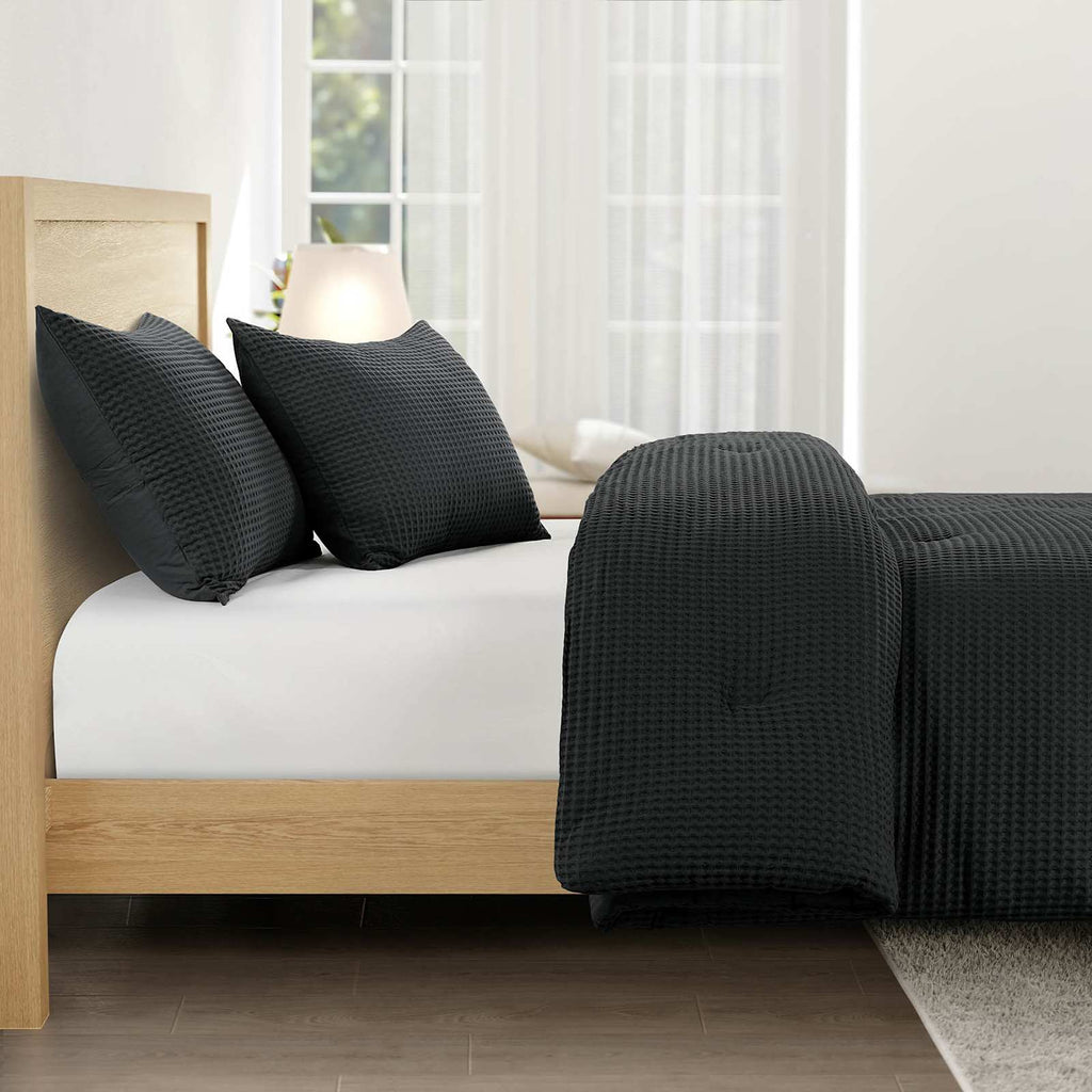3-Piece Black Waffle Cotton Comforter Set