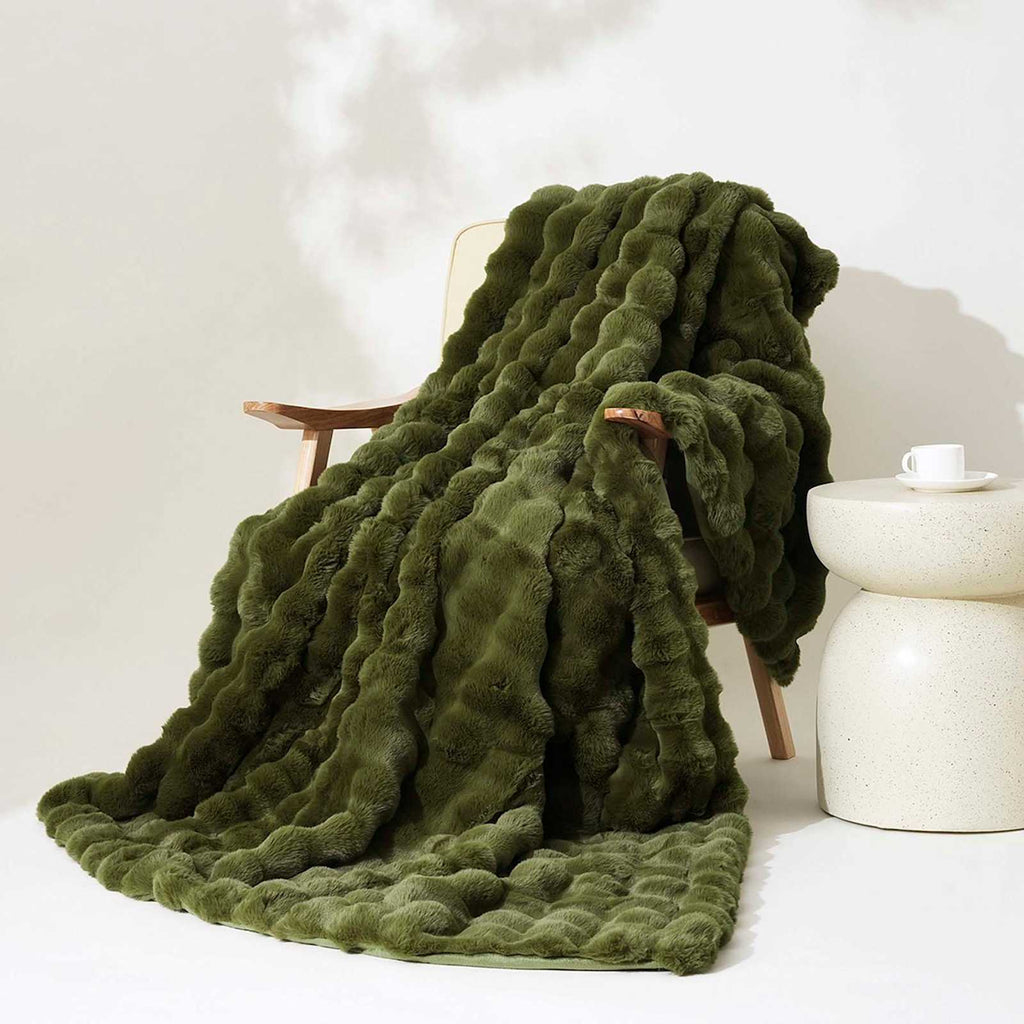 Olive Green Bubble Faux Fur Throw Blanket, 60x80