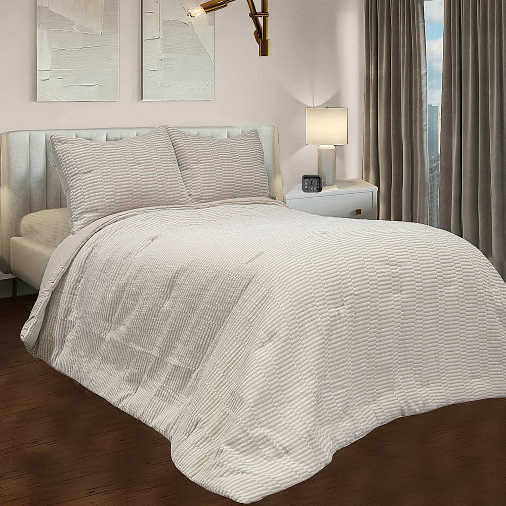 3-Piece Tan Textured Cotton Jacquard Comforter Set, King