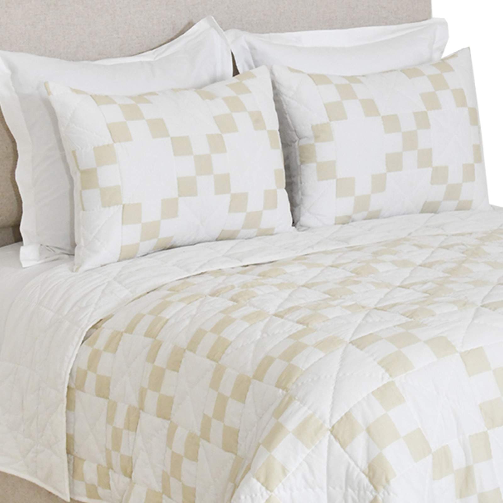 3-Piece Beige Printed Patchwork Voile Quilt Set, Full/Queen