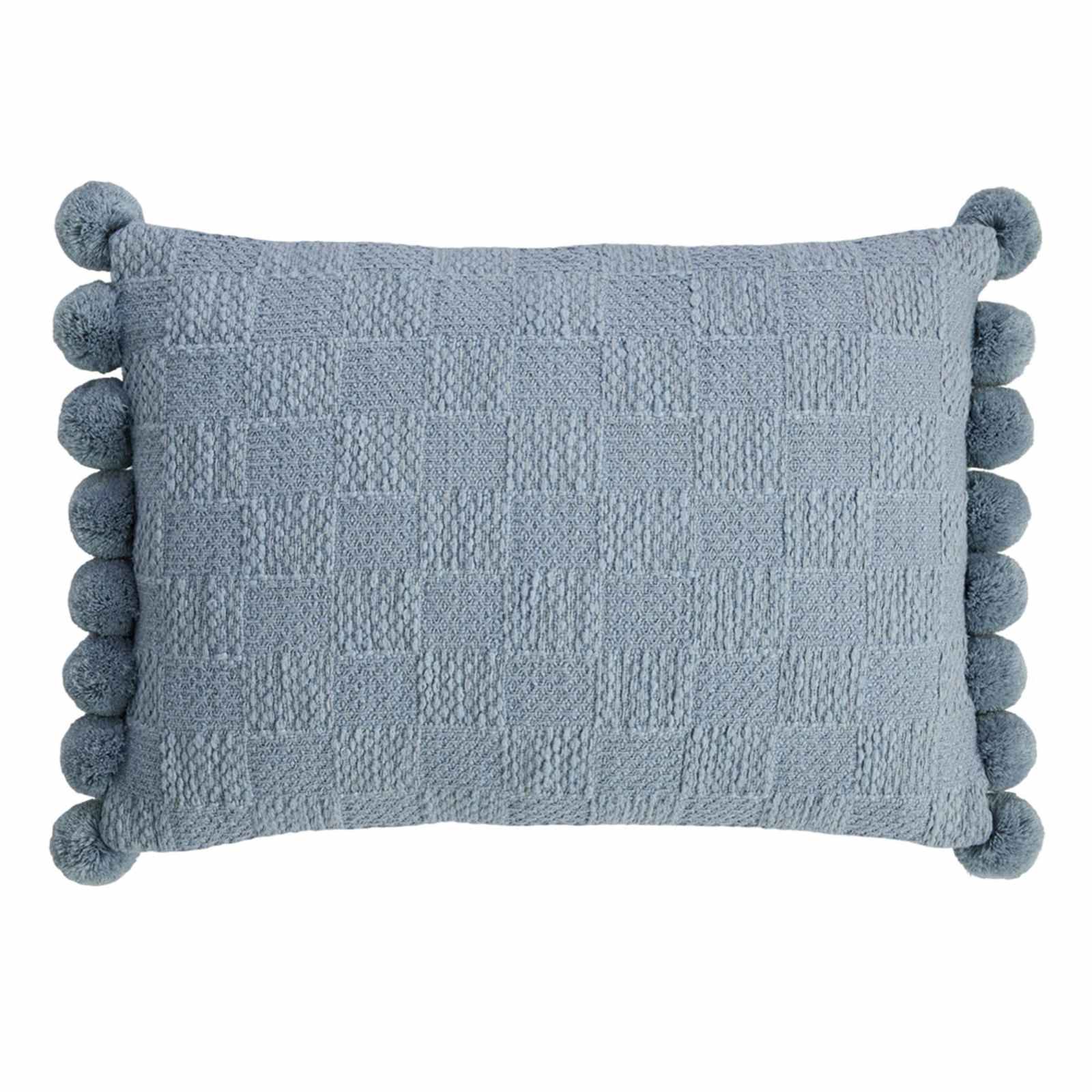 Blue Slub Throw Pillow with Pom-Poms, 14x20