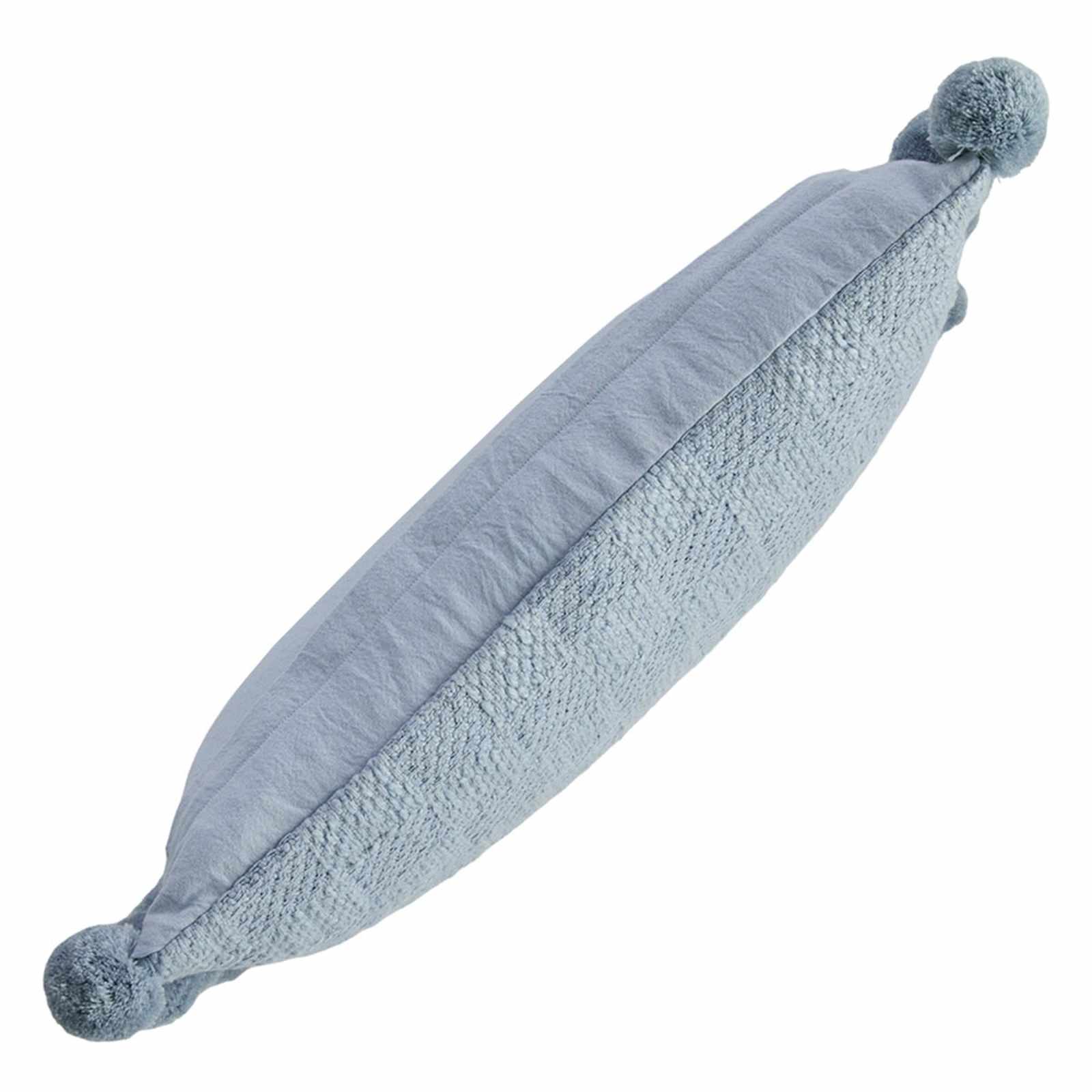Blue Slub Throw Pillow with Pom-Poms, 14x20