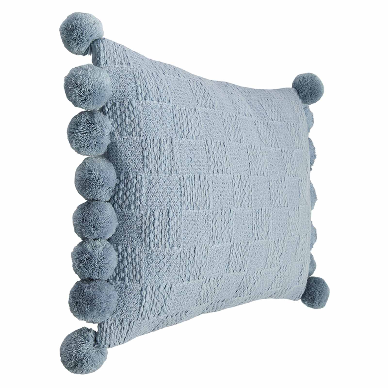Blue Slub Throw Pillow with Pom-Poms, 14x20