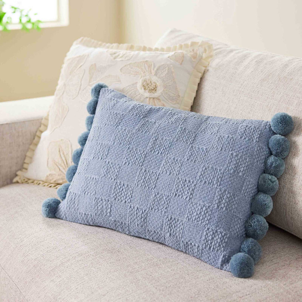 Blue Slub Throw Pillow with Pom-Poms, 14x20