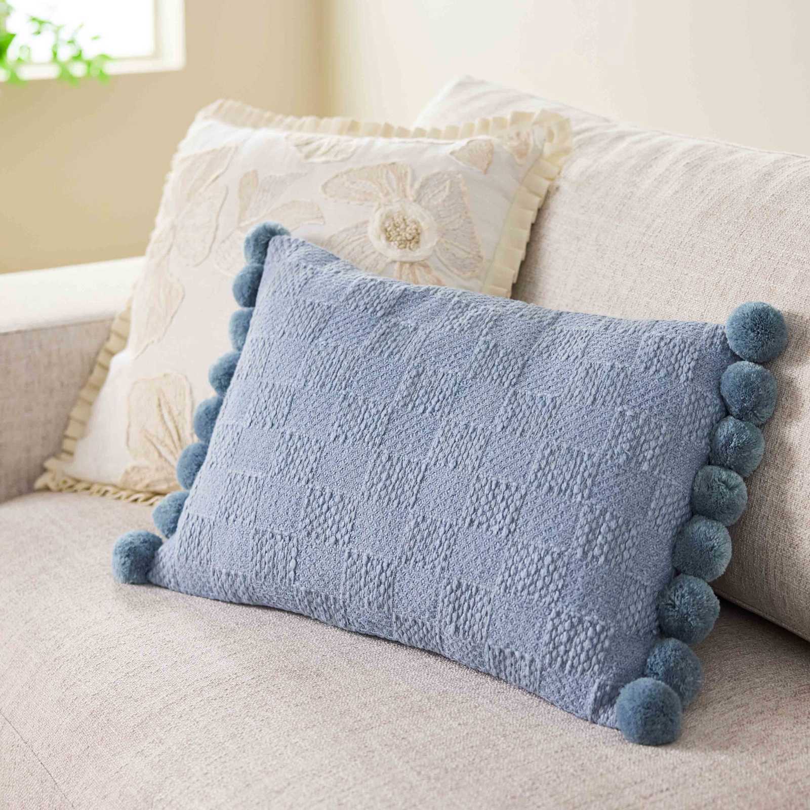 Blue Slub Throw Pillow with Pom-Poms, 14x20