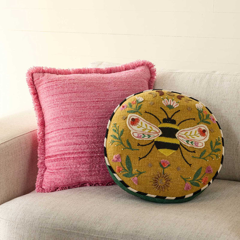 Yellow Bee Applique Textured & Embroidered Throw Pillow, 16"