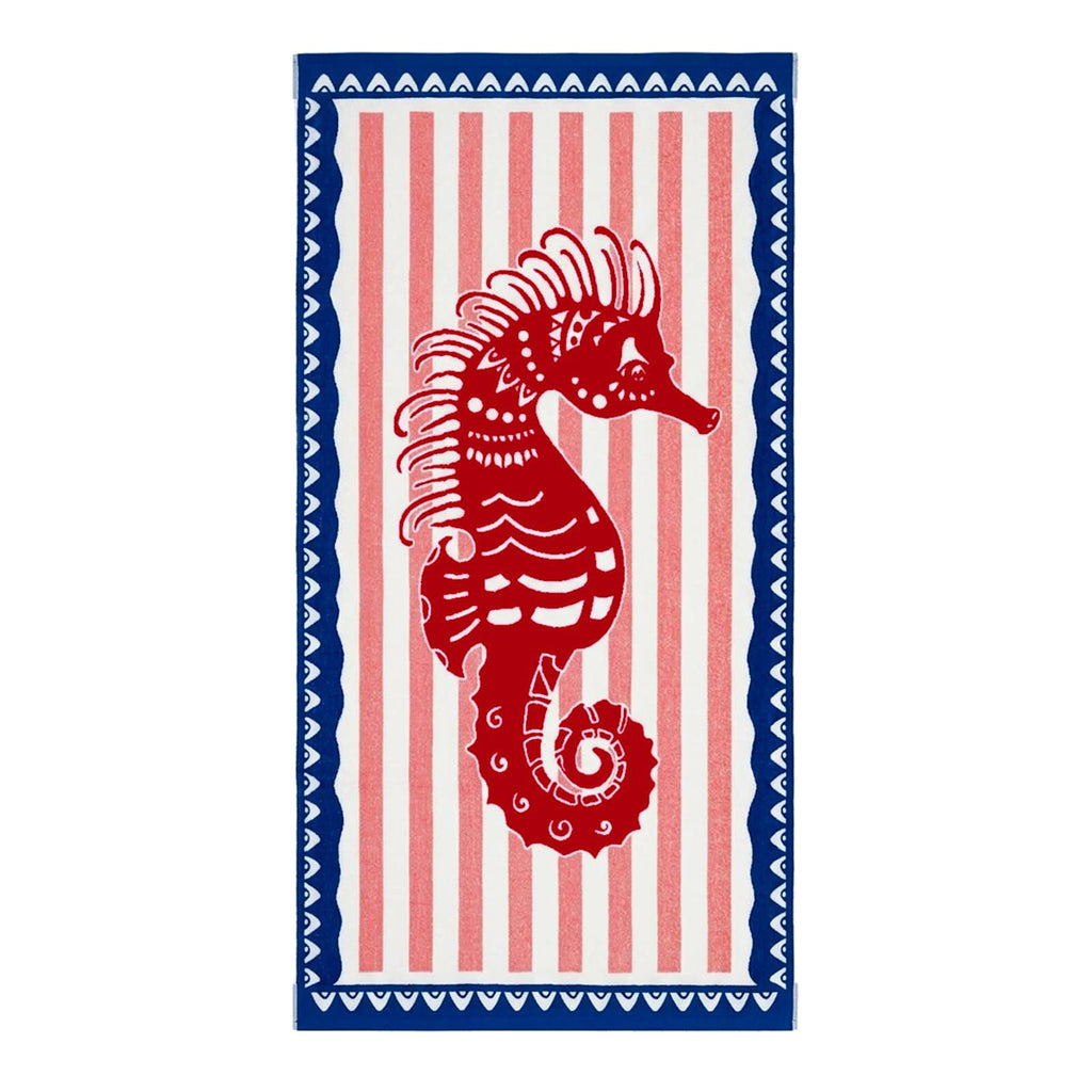 Red & Blue Sea Horse Velour Beach Towel, 34x64