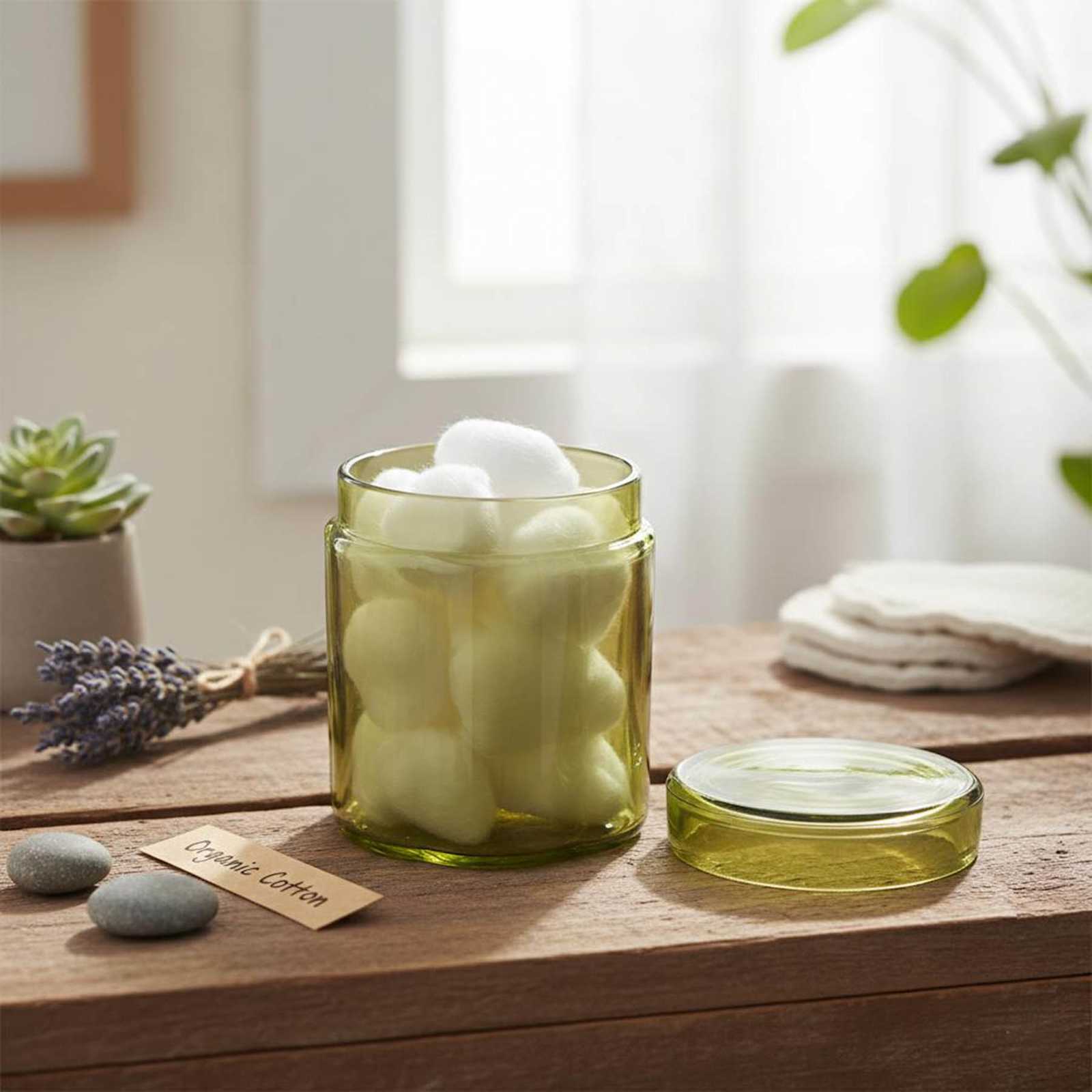 Green Scalloped Glass Cotton Jar with Lid