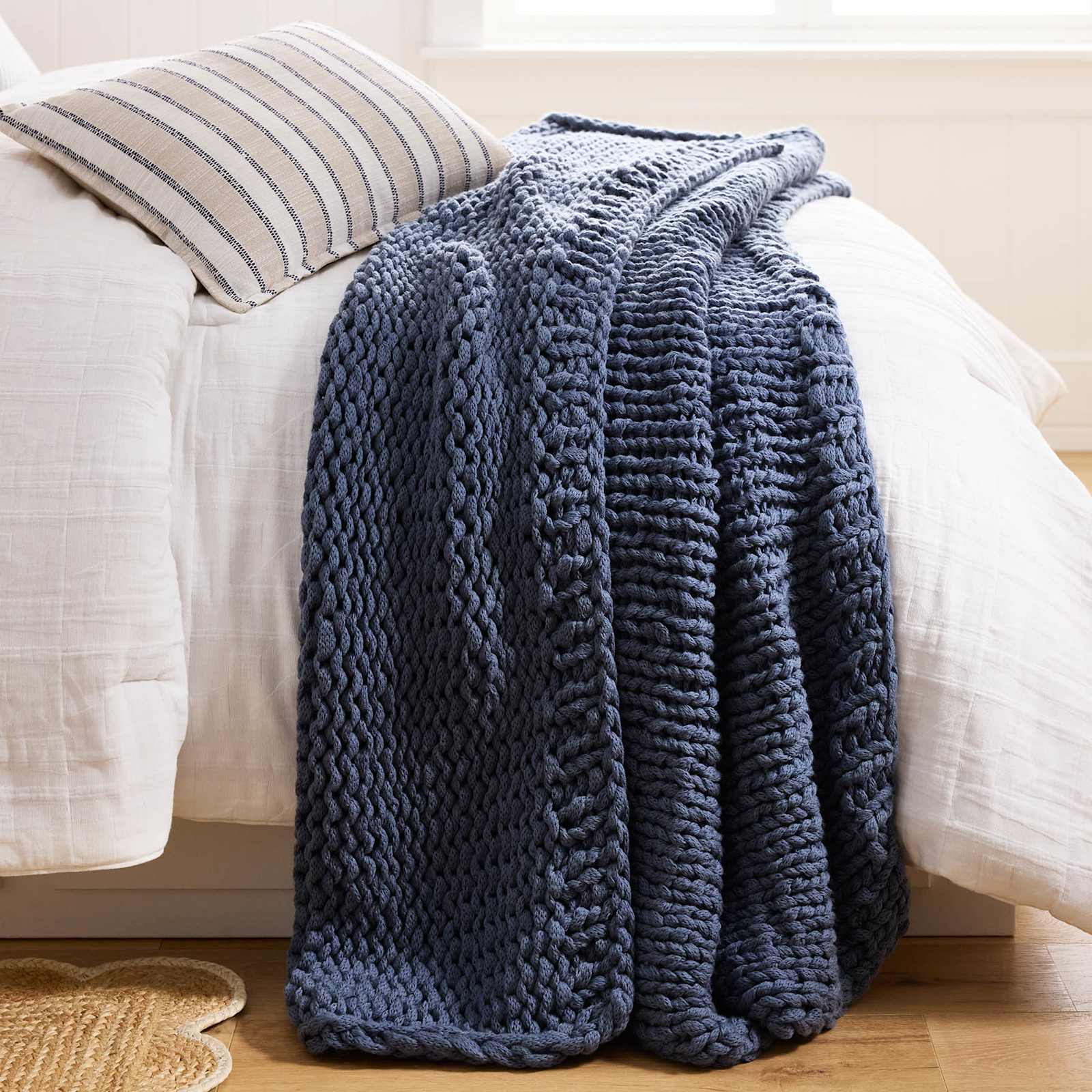Blue Acrylic Cable Knit Throw Blanket, 50x60