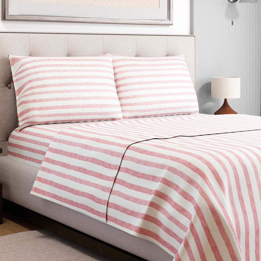 4-Piece Mellow Rose Striped Cotton Sheet Set, Queen