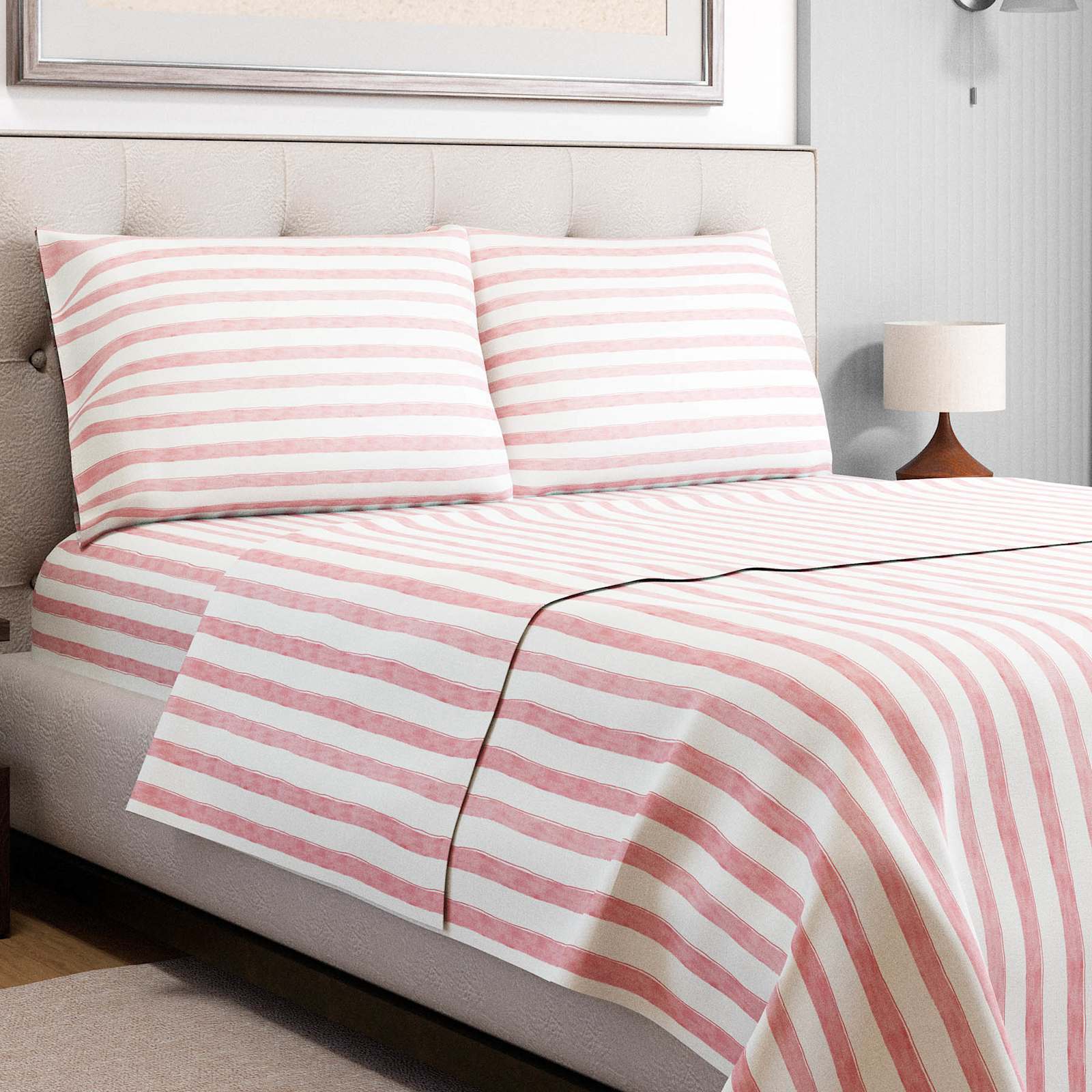 4-Piece Mellow Rose Striped Cotton Sheet Set, Queen