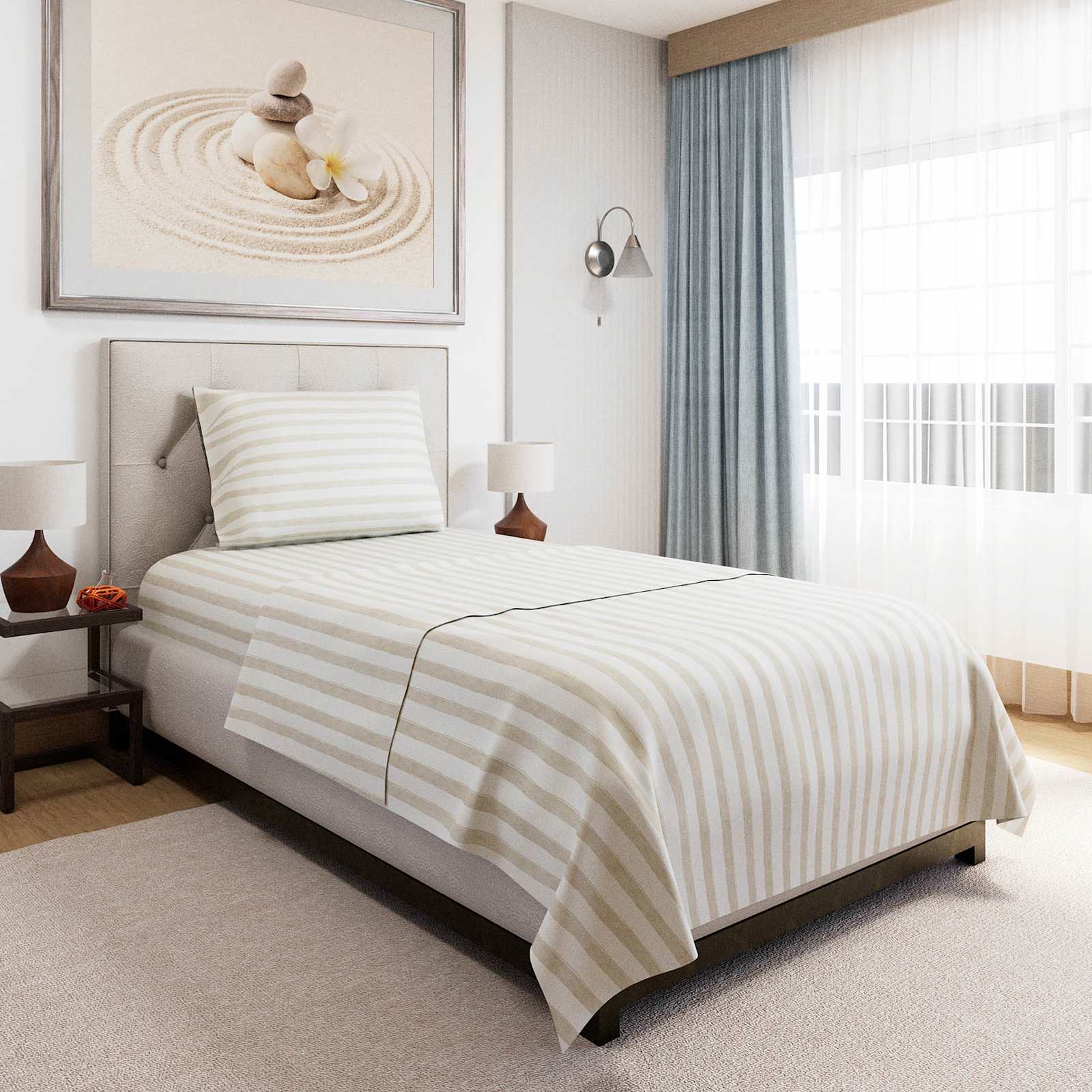 4-Piece Fog Grey Striped Cotton Sheet Set